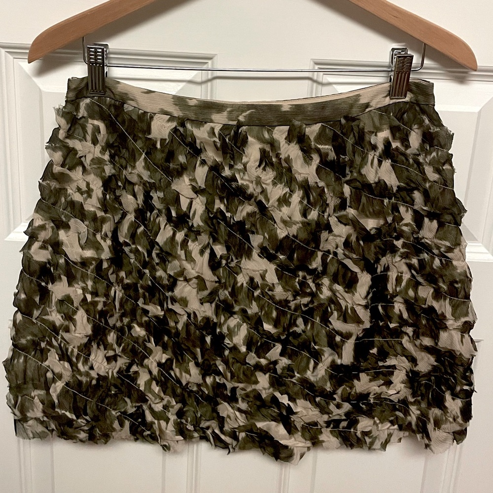 NWT J. Crew mini skirt, silk chiffon ruffled camouflage print.